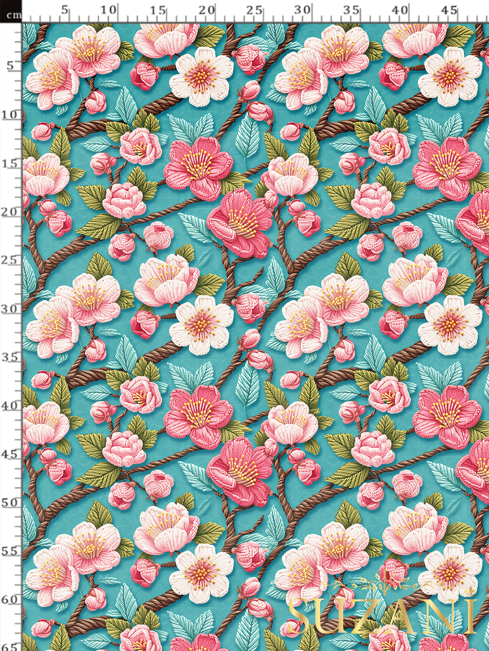 3D Mint Çiçek Desenli Dijital Baskılı Kumaş