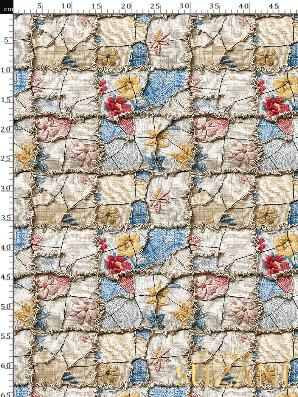 3D Patchwork Çiçek Desenli Dijital Baskılı Kumaş