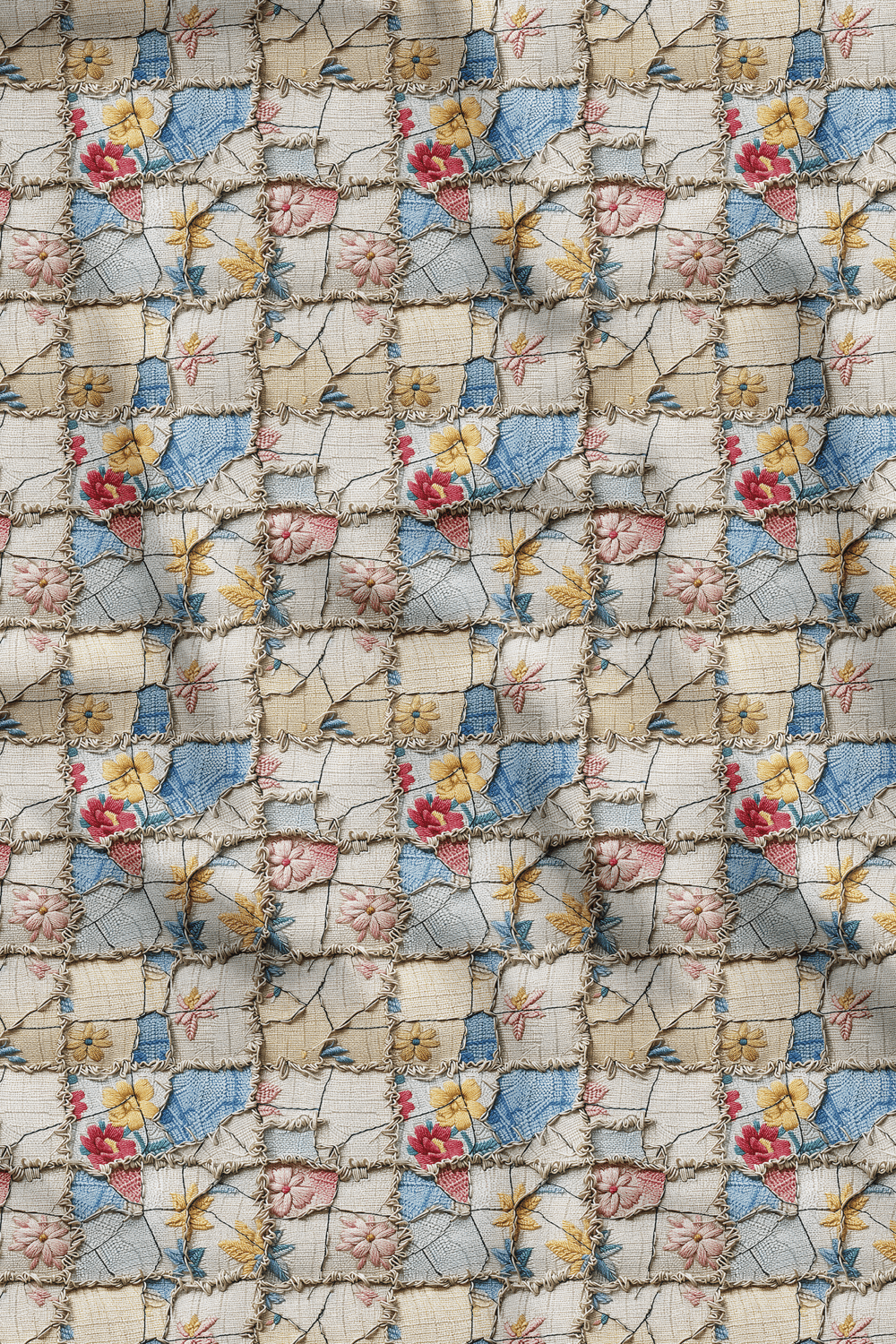 3D Patchwork Çiçek Desenli Dijital Baskılı Kumaş