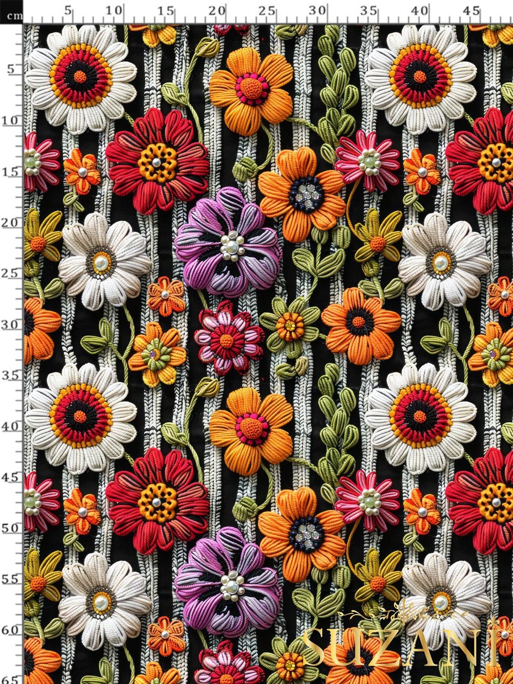 3D Siyah Beyaz Örgü Papatya Desenli Dijital Baskılı Kumaş