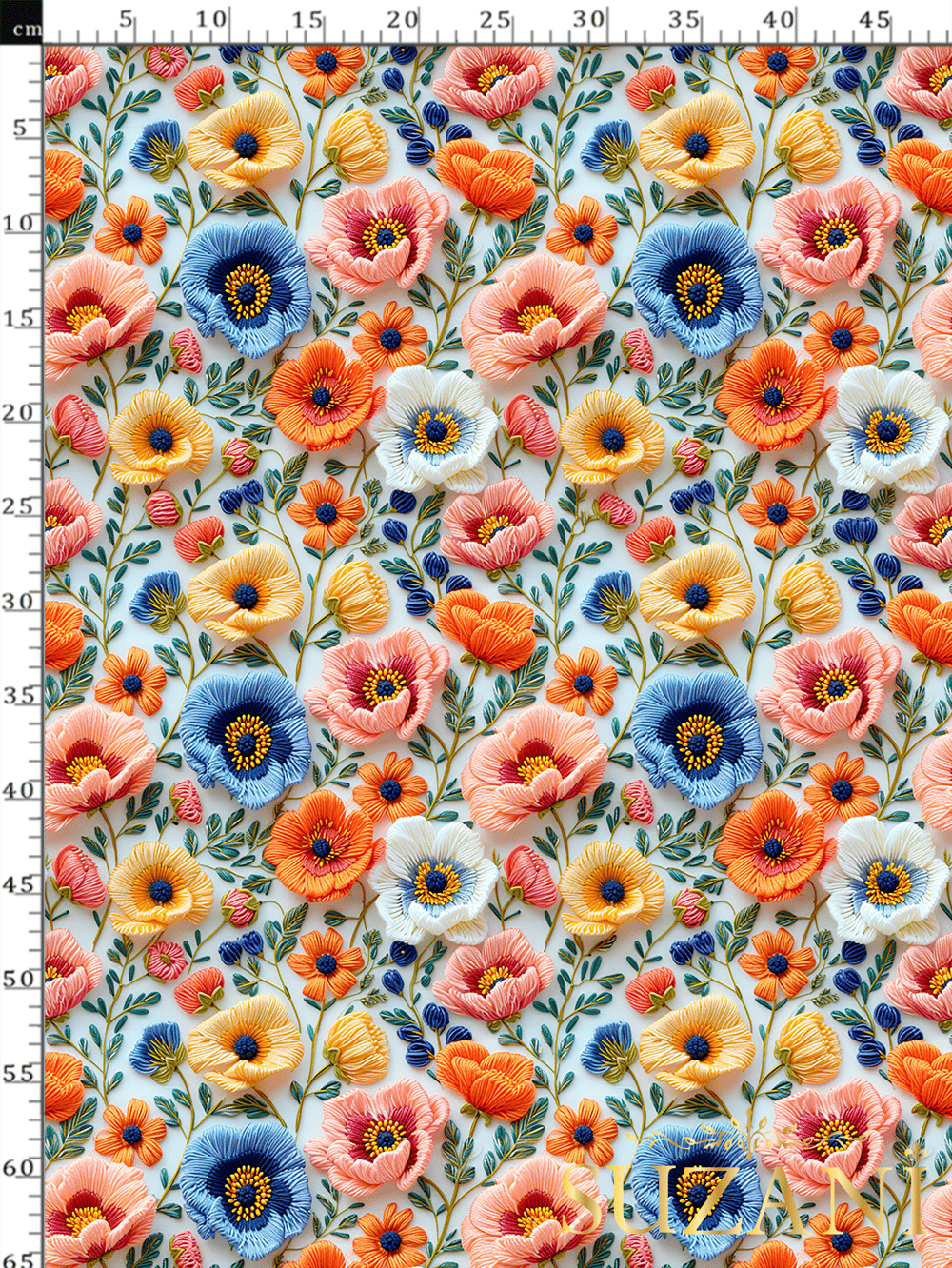 3D Somon Çiçekler Desenli Dijital Baskılı Kumaş