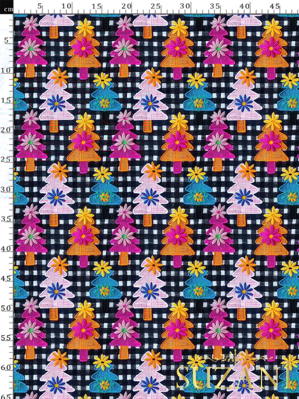 3D Yılbaşı Ekose Çam Desenli Dijital Baskılı Kumaş