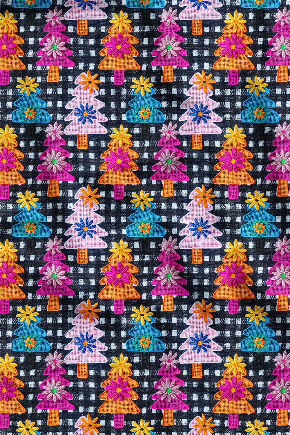 3D Yılbaşı Ekose Çam Desenli Dijital Baskılı Kumaş