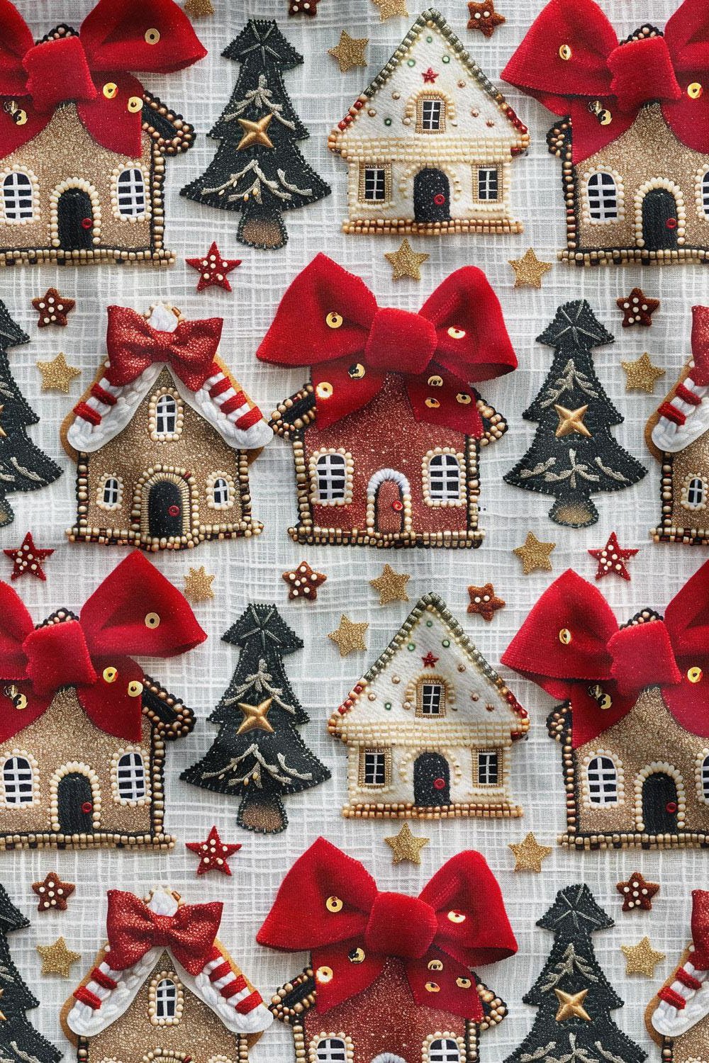 3D Yılbaşı Evler Desenli Dijital Baskılı Kumaş