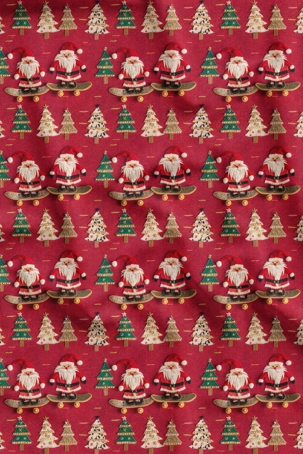3D Yılbaşı Kaykaylı Noel Baba Desenli Dijital Baskılı Kumaş