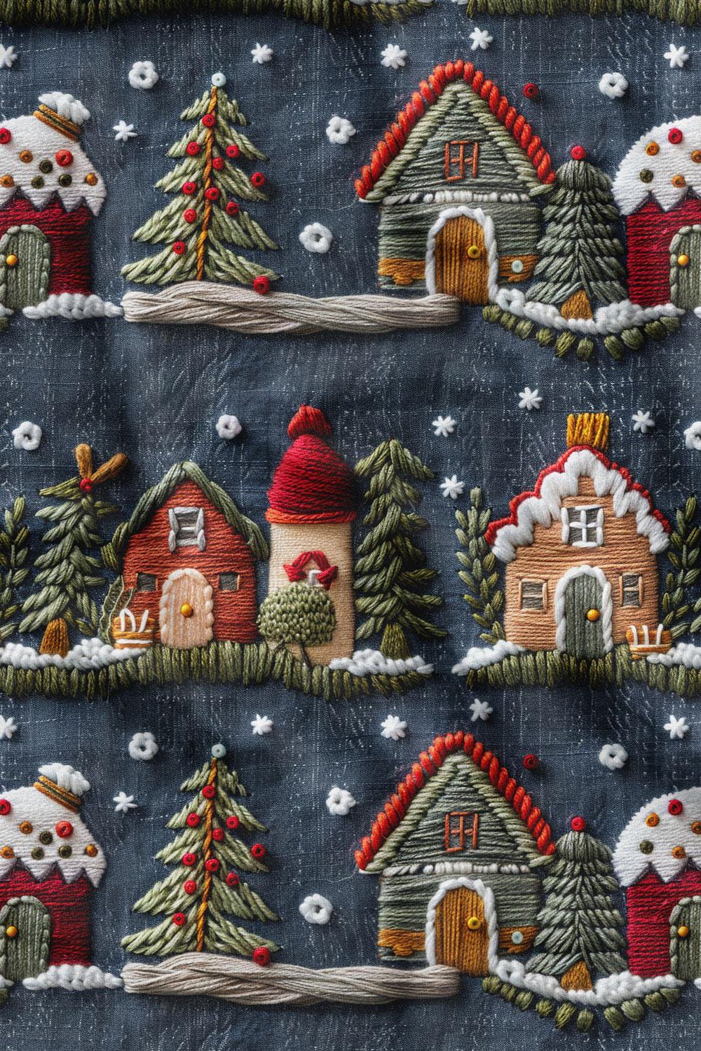 3D Yılbaşı Lacivert Evler Desenli Dijital Baskılı Kumaş