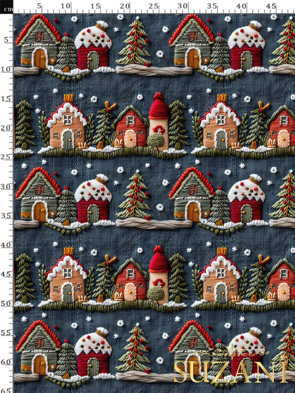3D Yılbaşı Lacivert Evler Desenli Dijital Baskılı Kumaş
