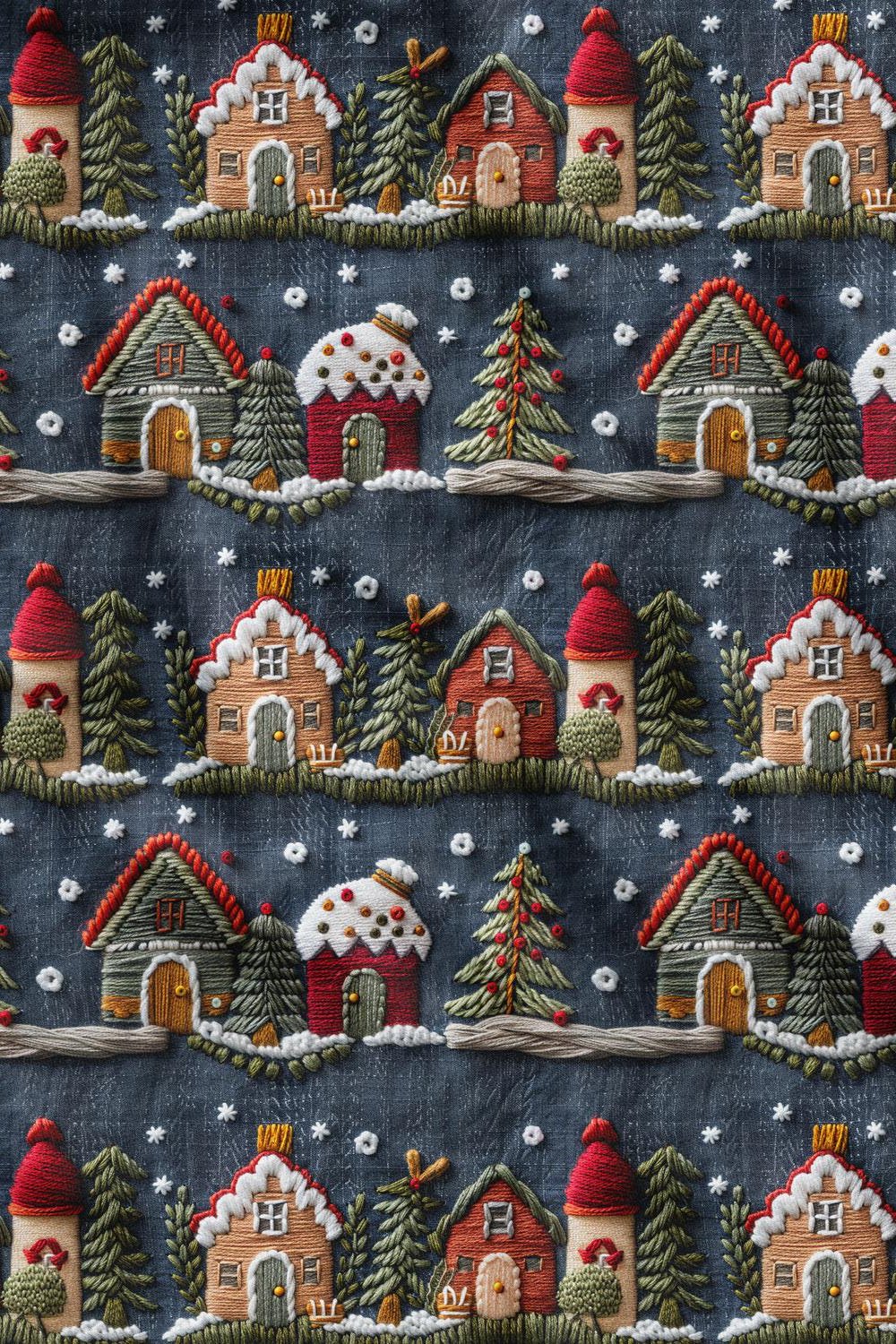 3D Yılbaşı Lacivert Evler Desenli Dijital Baskılı Kumaş
