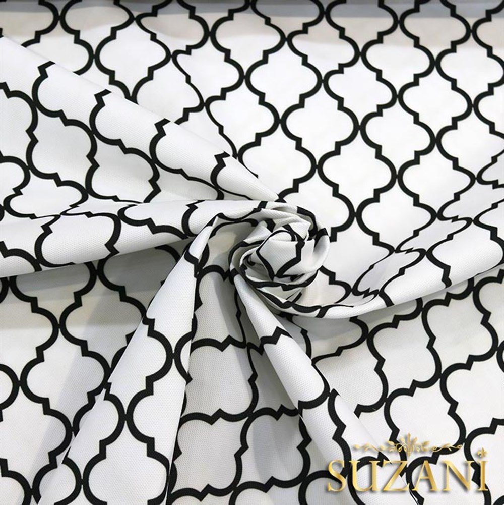 Beyaz Üzeri Siyah Moroccan Desenli Kumaş