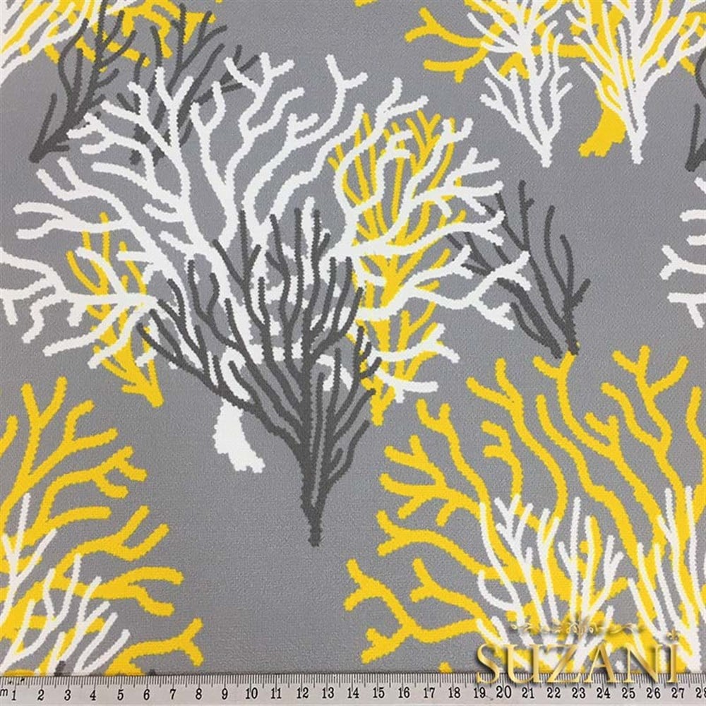 Gri Zemin Sarı Beyaz Mercan Desenli Kumaş