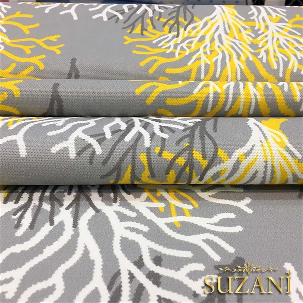 Gri Zemin Sarı Beyaz Mercan Desenli Kumaş