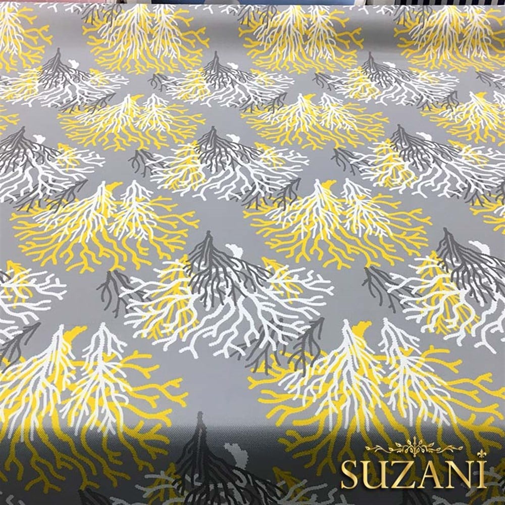 Gri Zemin Sarı Beyaz Mercan Desenli Kumaş