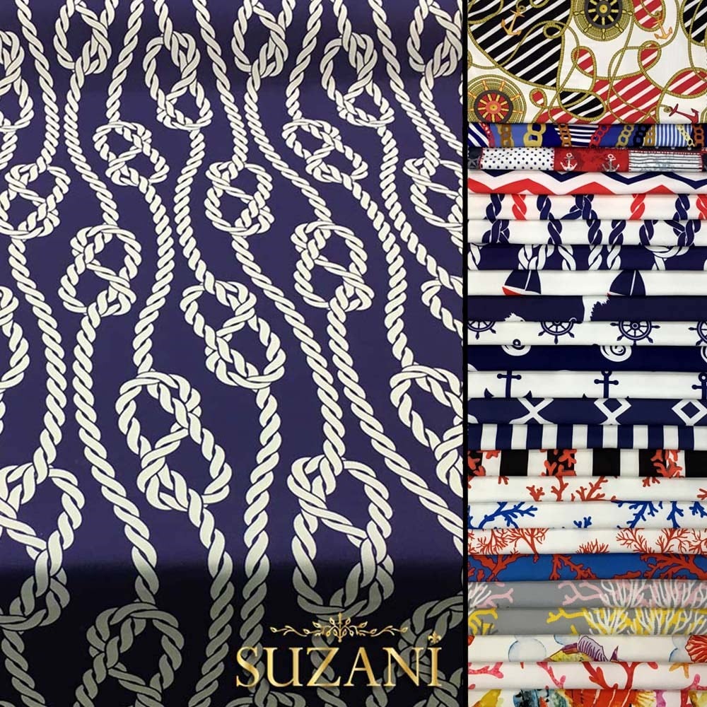 Lacivert Zemin Gemici Düğümü Desenli Kumaş