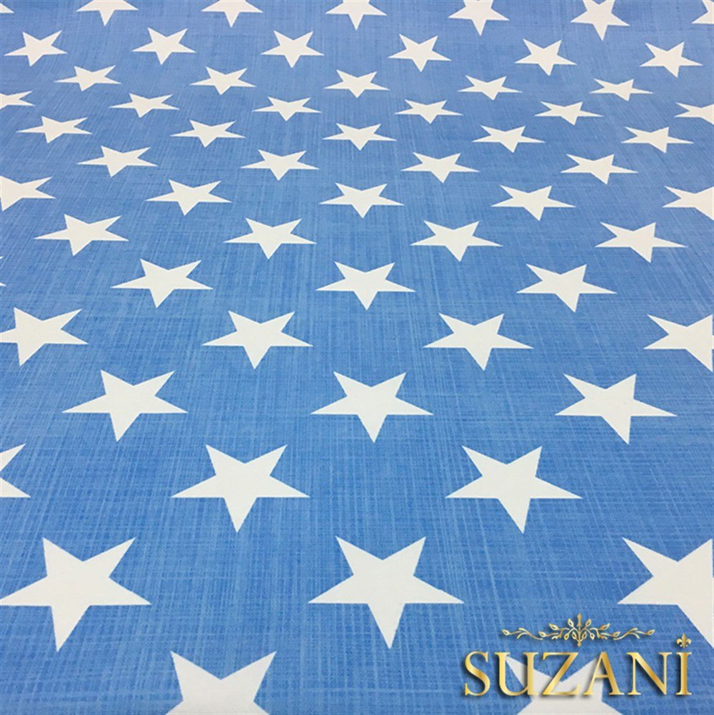 Mavi Keten Efekt Yıldız Desenli Kumaş