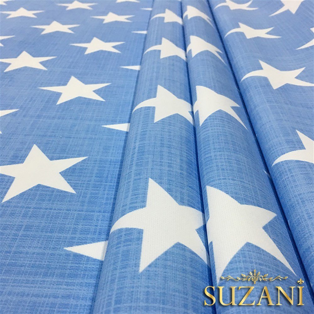 Mavi Keten Efekt Yıldız Desenli Kumaş