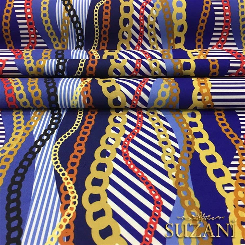 Mavi Sarı Zincir Desenli Kumaş