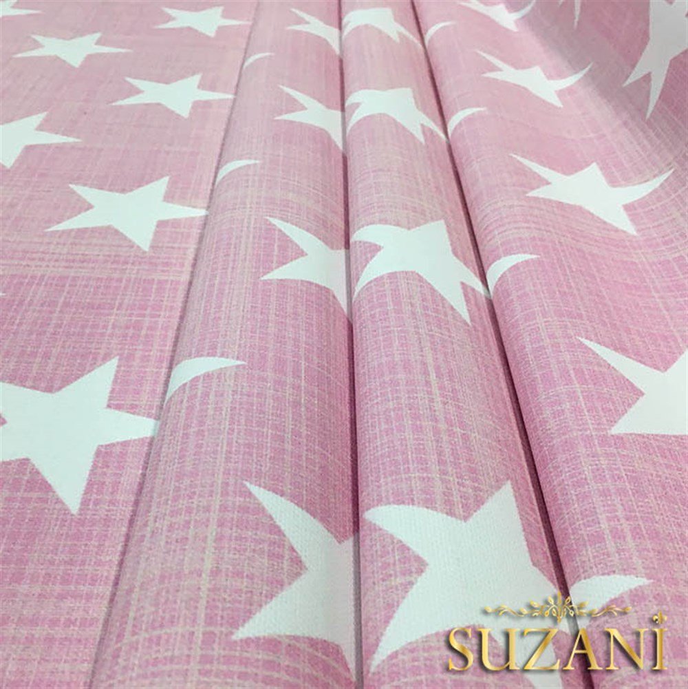 Pembe Keten Efekt Yıldız Desenli Kumaş