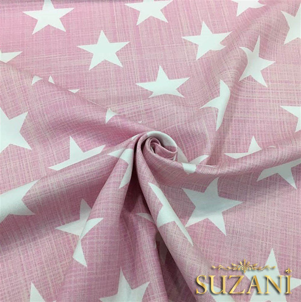 Pembe Keten Efekt Yıldız Desenli Kumaş