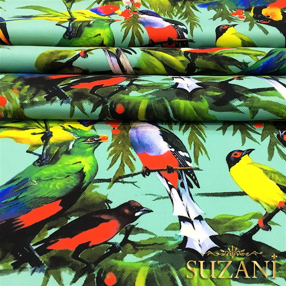 Turkuaz Zemin Kuşlu Desen Kumaş