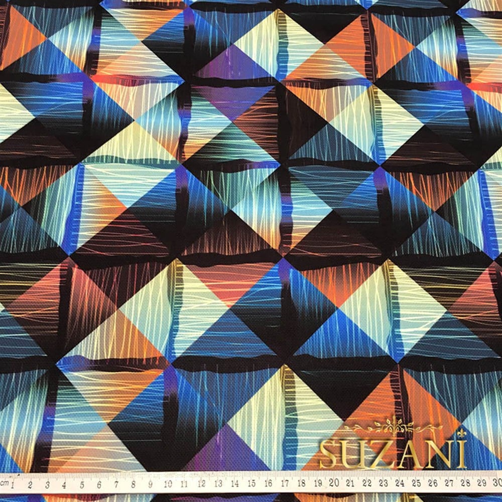 Turuncu Mavi Baklava Desenli Kumaş