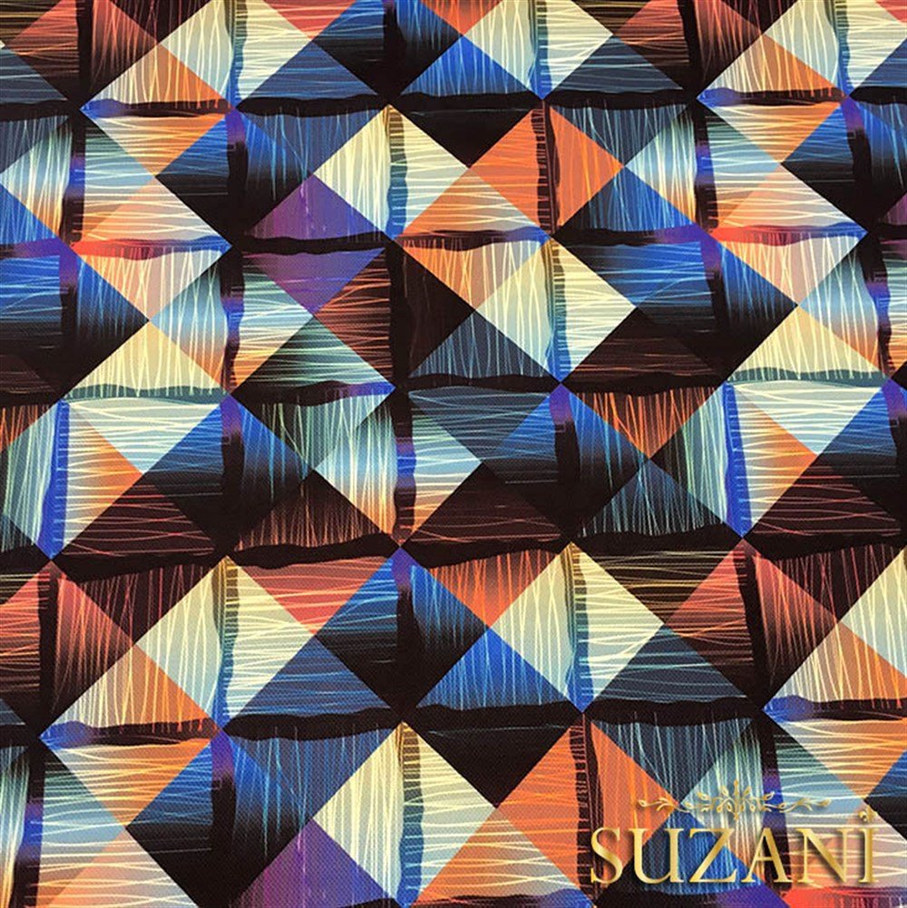 Turuncu Mavi Baklava Desenli Kumaş