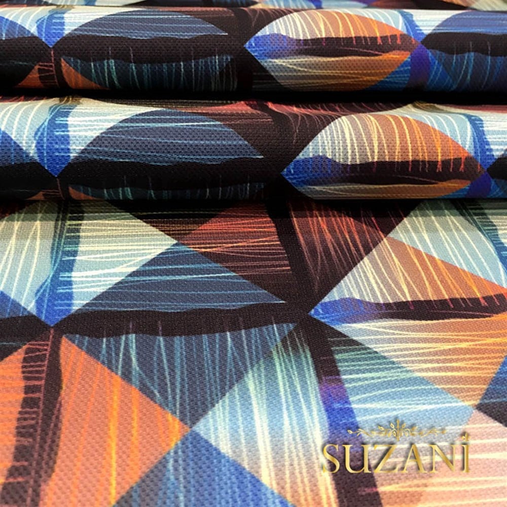 Turuncu Mavi Baklava Desenli Kumaş