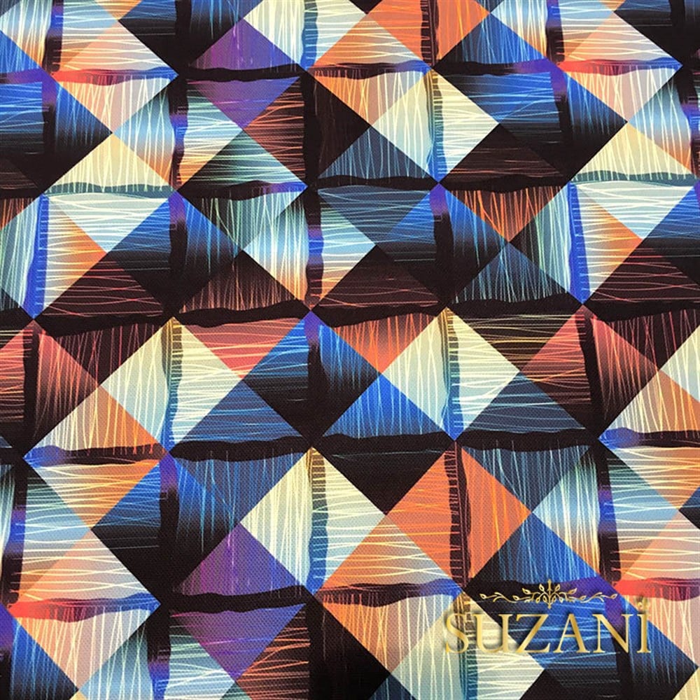 Turuncu Mavi Baklava Desenli Kumaş