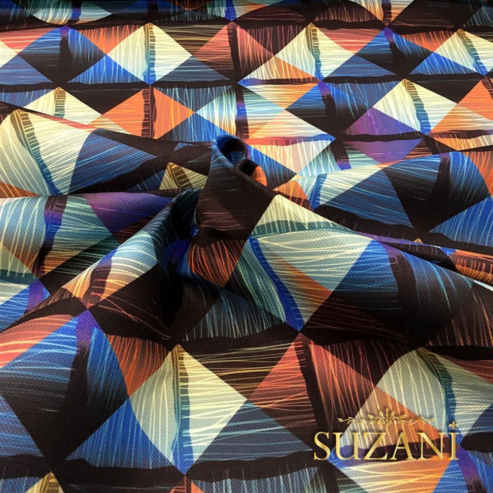 Turuncu Mavi Baklava Desenli Kumaş