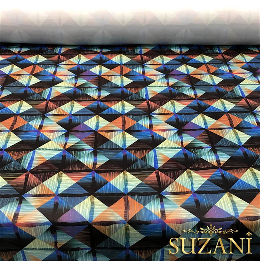 Turuncu Mavi Baklava Desenli Kumaş