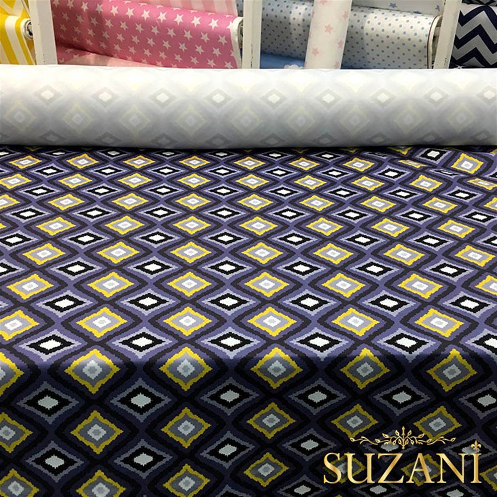 Uzay Mavisi Sarı Baklava Desenli Kumaş