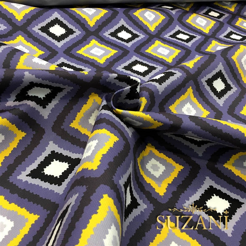 Uzay Mavisi Sarı Baklava Desenli Kumaş