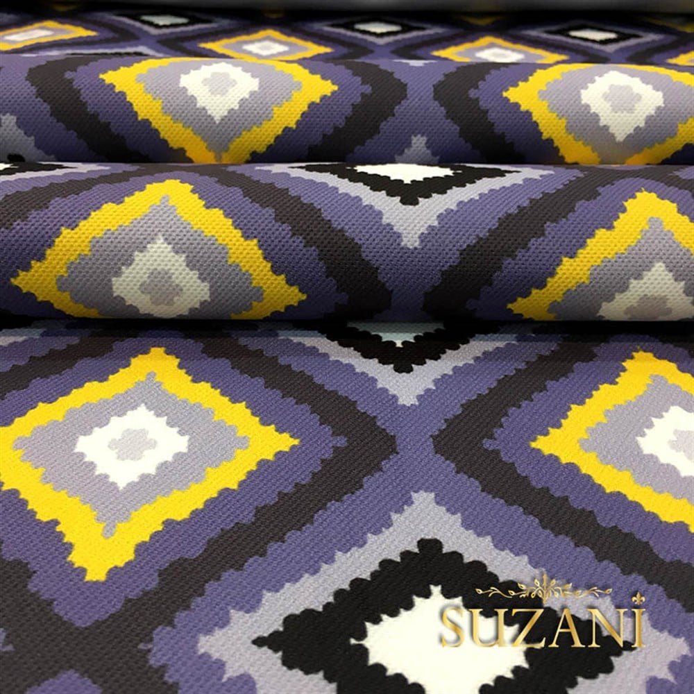 Uzay Mavisi Sarı Baklava Desenli Kumaş