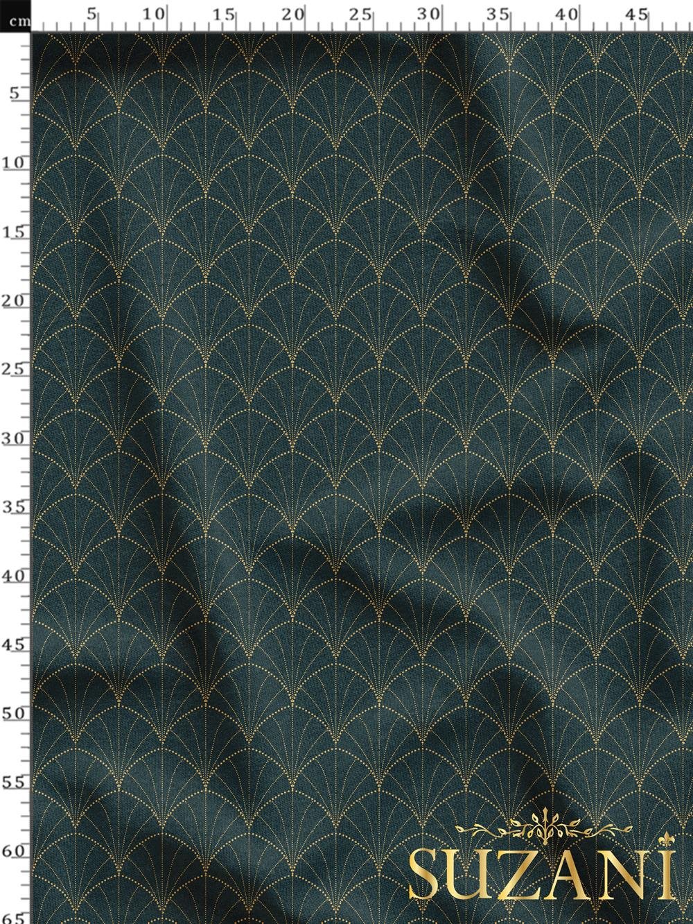 Altın Çizgili Geometrik Lacivert Zemin Desenli Dijital Baskılı Kumaş