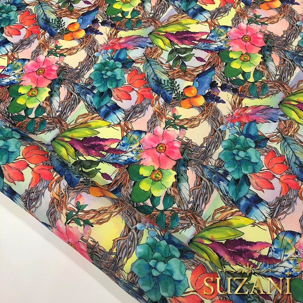 Batik Zemin Renkli Çiçekler Desenli Dijital Baskılı Kumaş