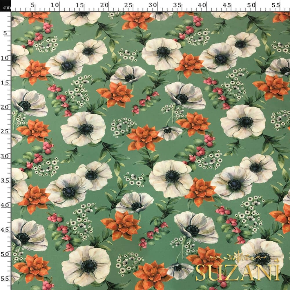 Beyaz Çiçek Desenli Dijital Baskılı Kumaş