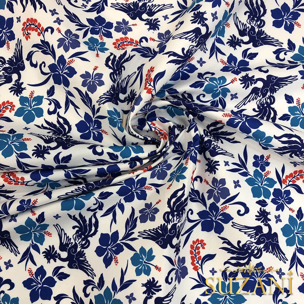 Blue Blanc Çiçek Desenli Dijital Baskılı Kumaş