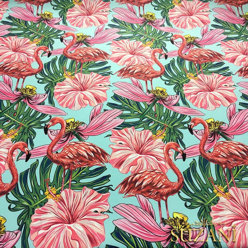 Büyük Çiçekli Flamingo Desenli Kumaş