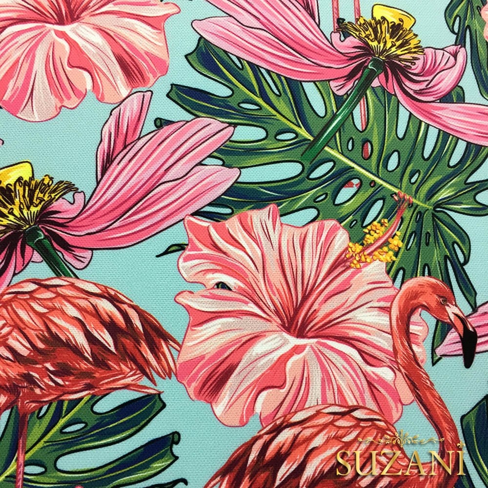 Büyük Çiçekli Flamingo Desenli Kumaş