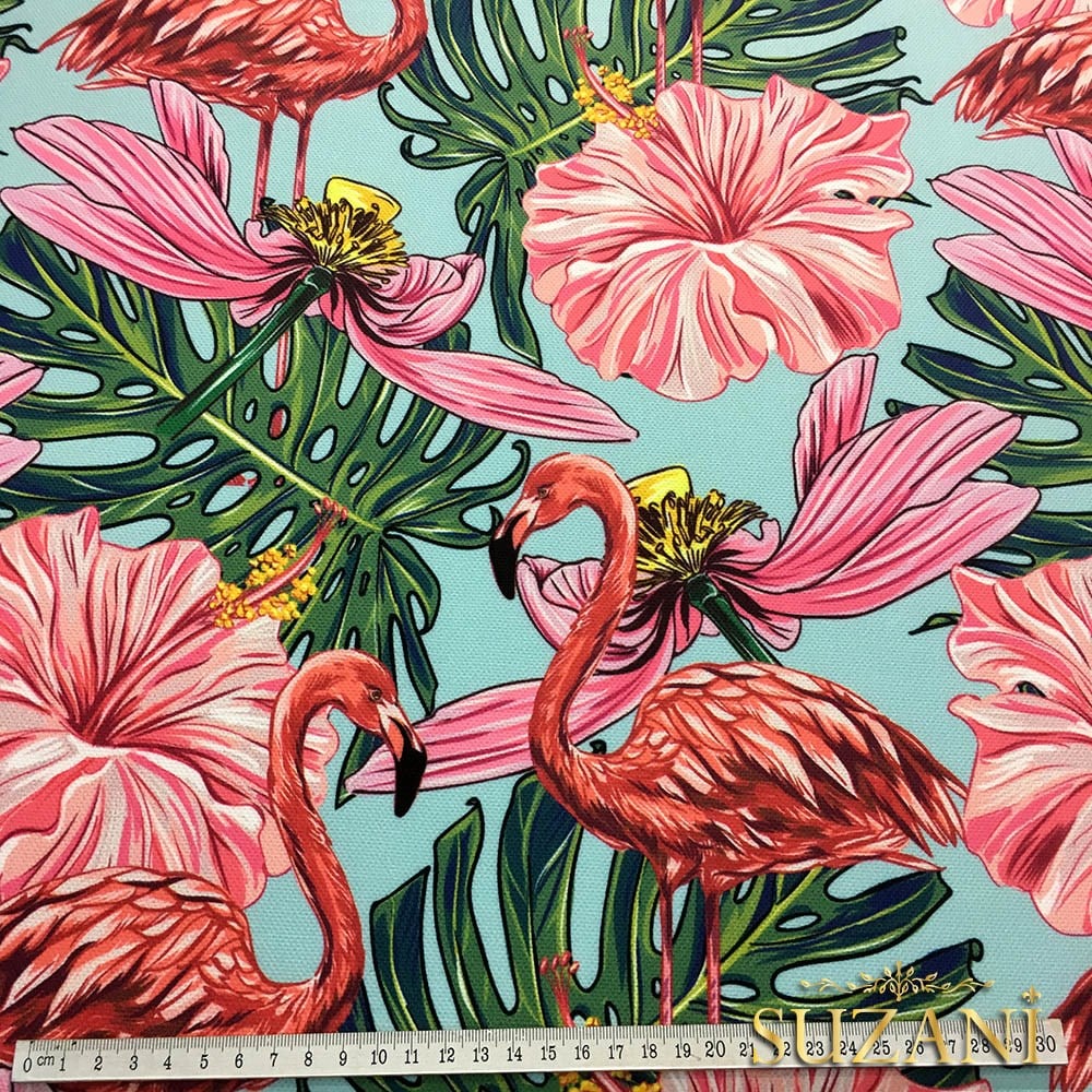 Büyük Çiçekli Flamingo Desenli Kumaş