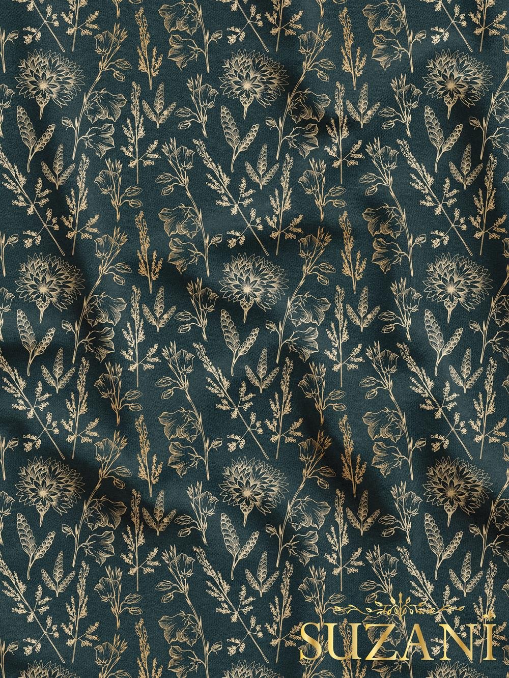 Çiçek Bahçesi Lacivert Zemin Desenli Dijital Baskılı Kumaş