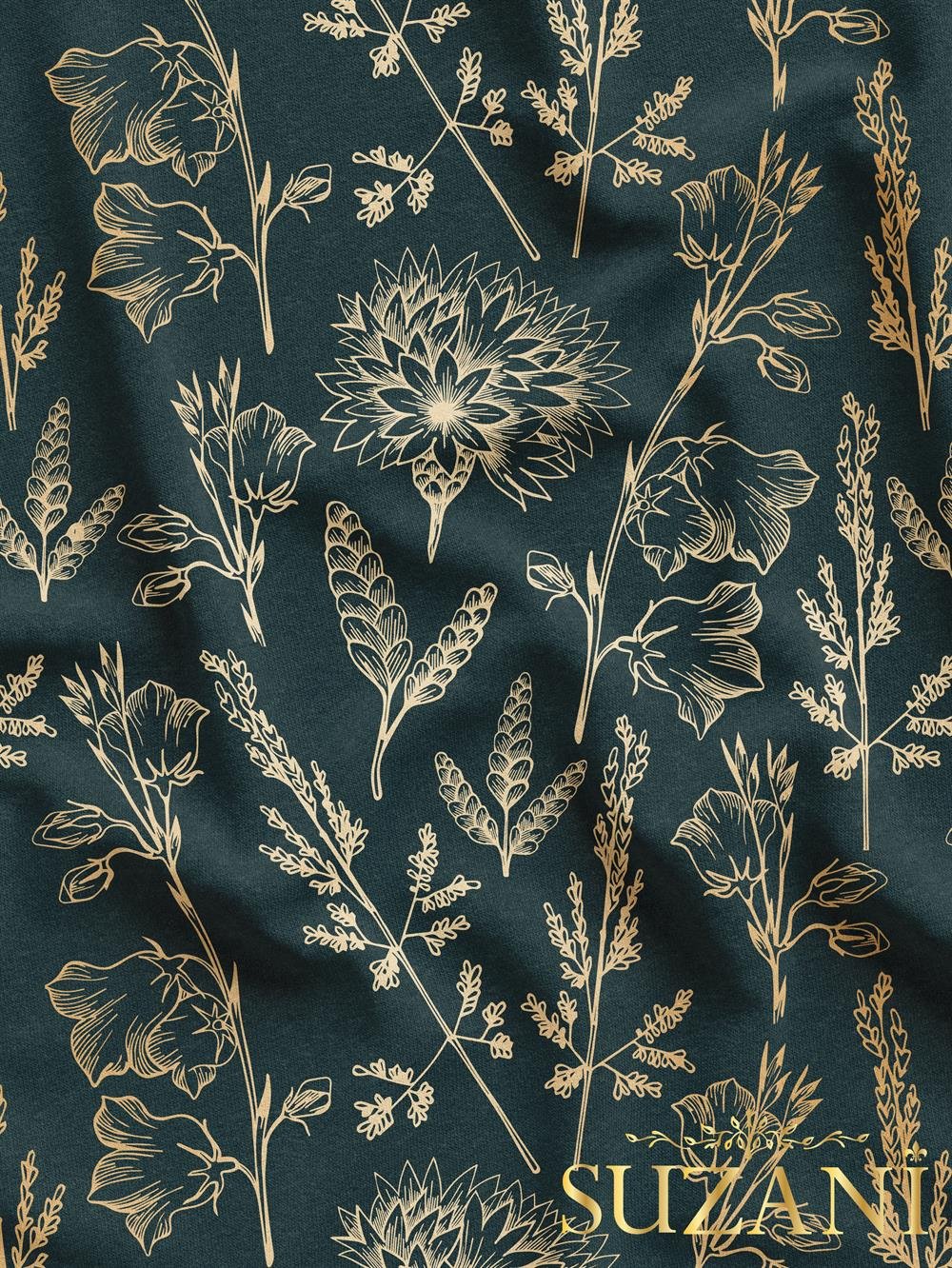 Çiçek Bahçesi Lacivert Zemin Desenli Dijital Baskılı Kumaş