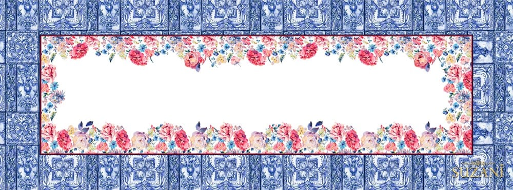 Çiçekli Karo Bordürlü Dikişsiz Runner Kumaşı