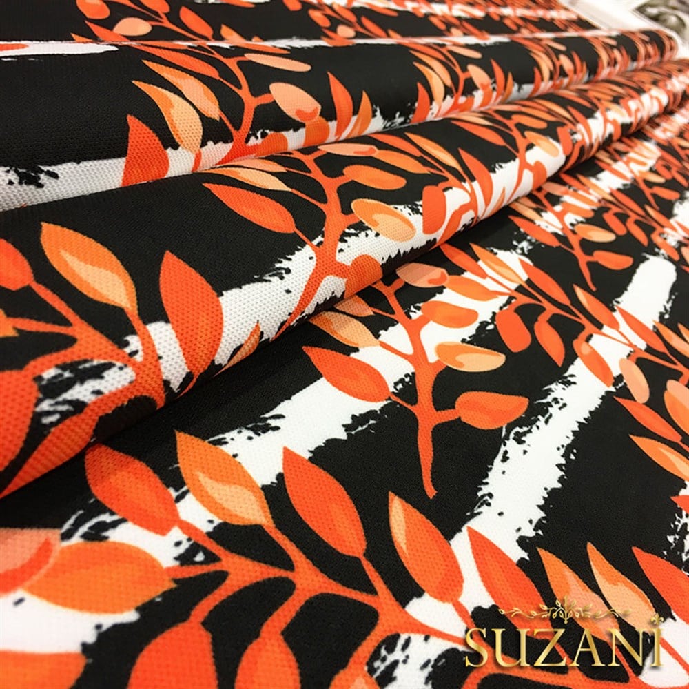 Çizgili Turuncu Yapraklı Kumaş