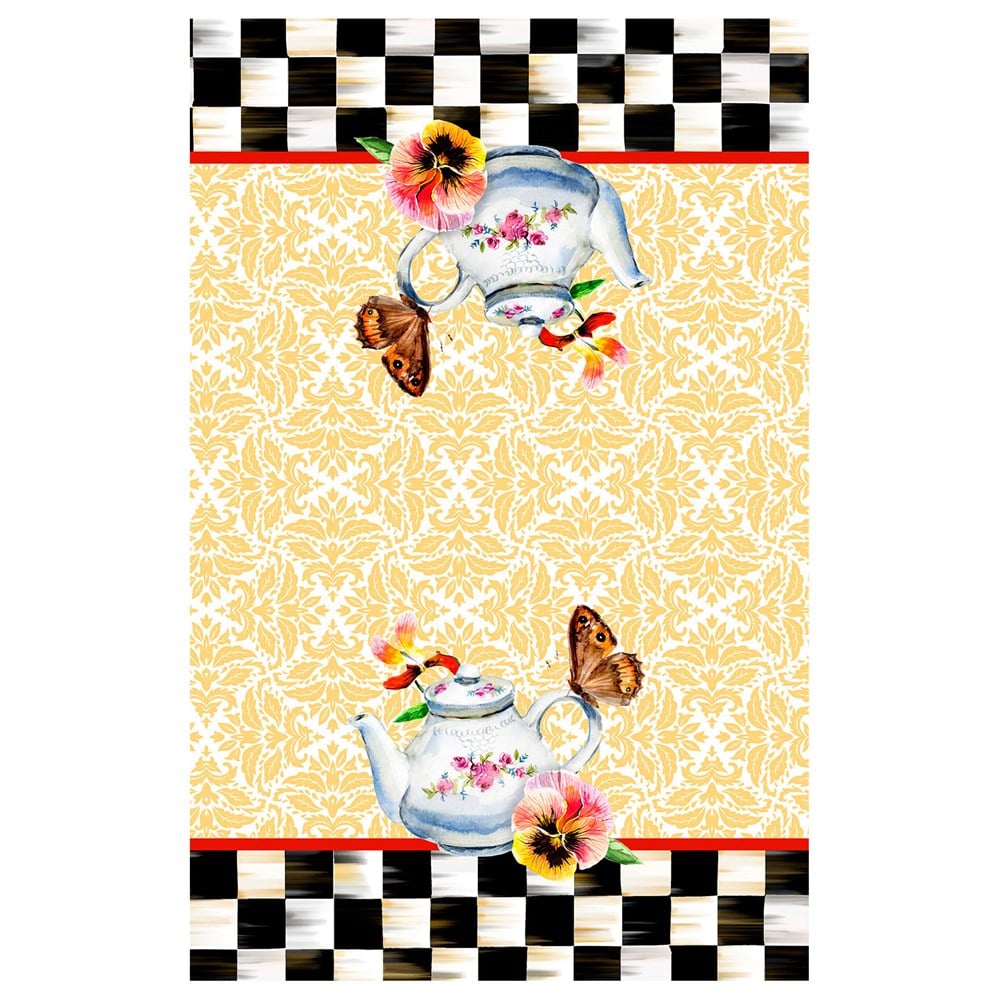 Damalı Çaydanlık Desenli Dikişsiz 4lü Fırın Örtüsü Kumaşı