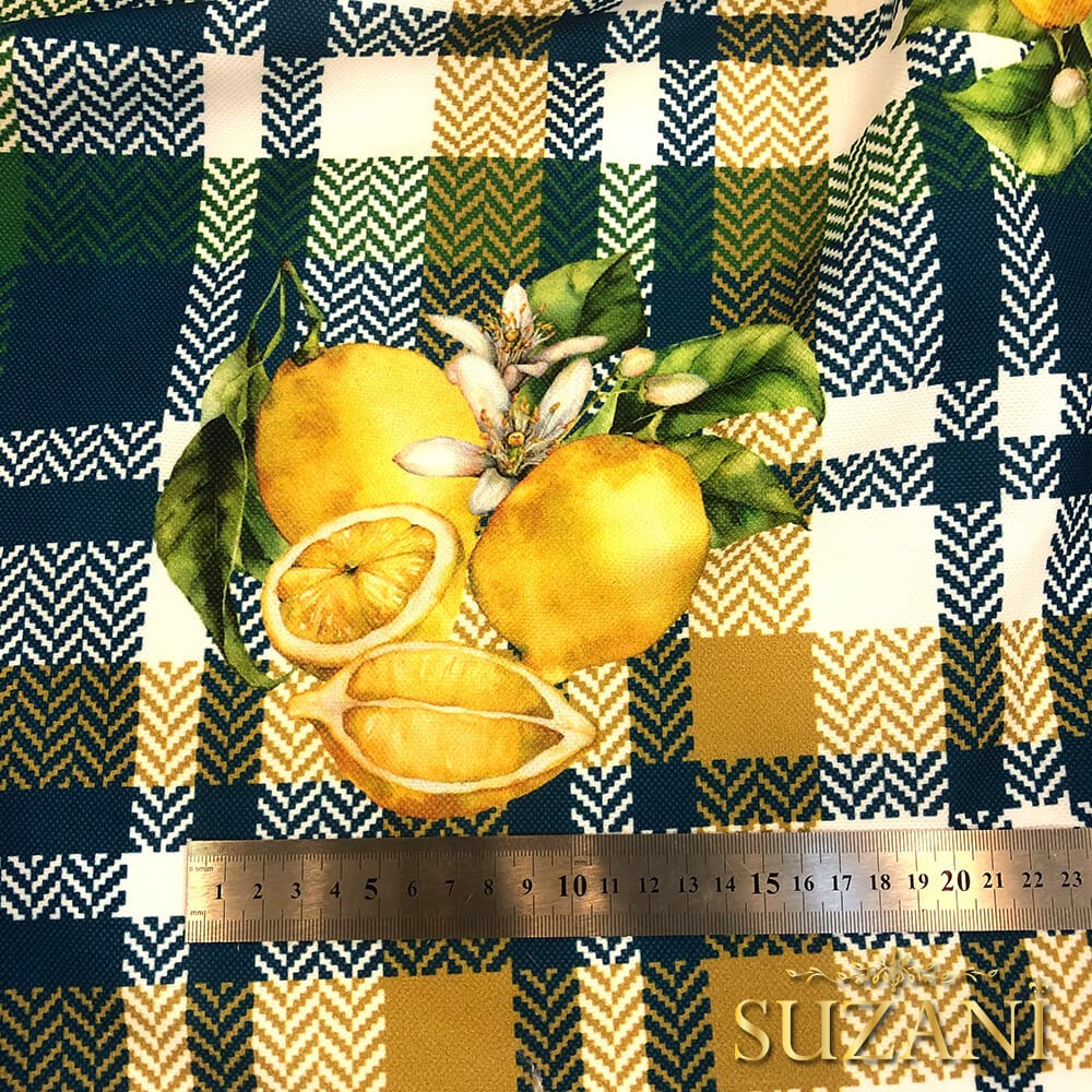 Ekose Üzeri Limon Desenli Dijital Baskılı Kumaş