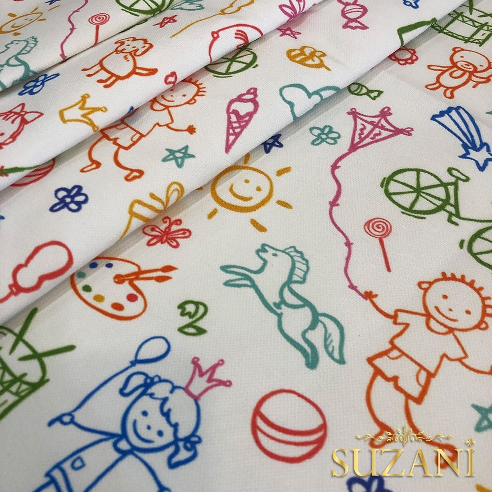 El Çizimi Desenli Dijital Baskılı Kumaş