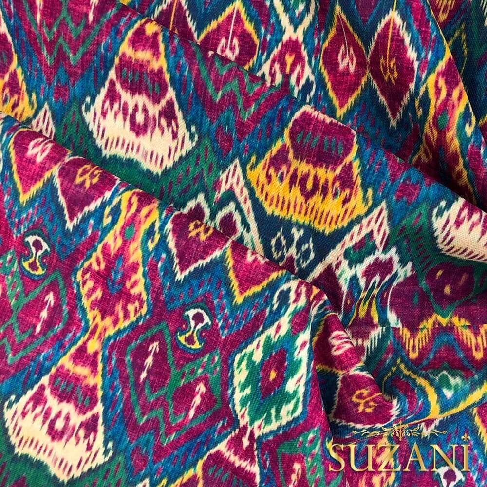 Fuşya Mavi İkat Desenli Dijital Baskılı Kumaş