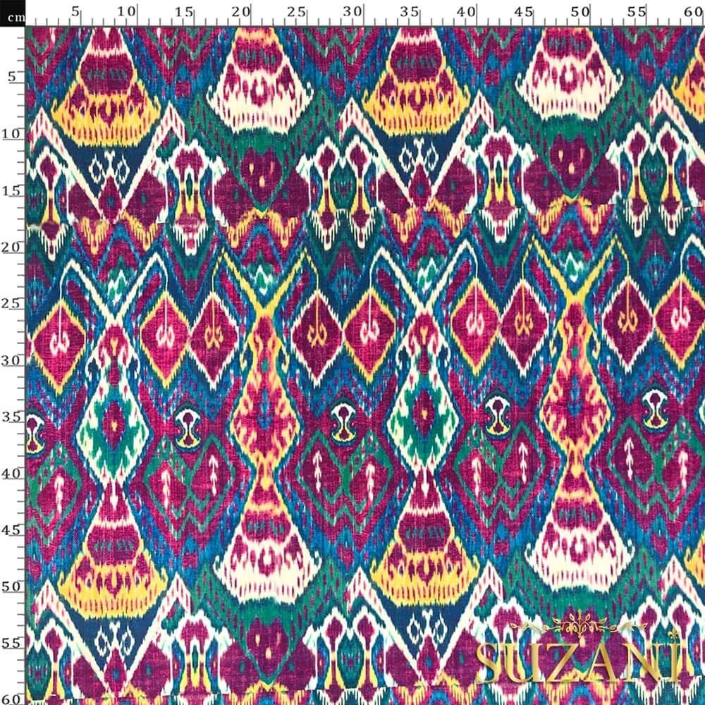 Fuşya Mavi İkat Desenli Dijital Baskılı Kumaş