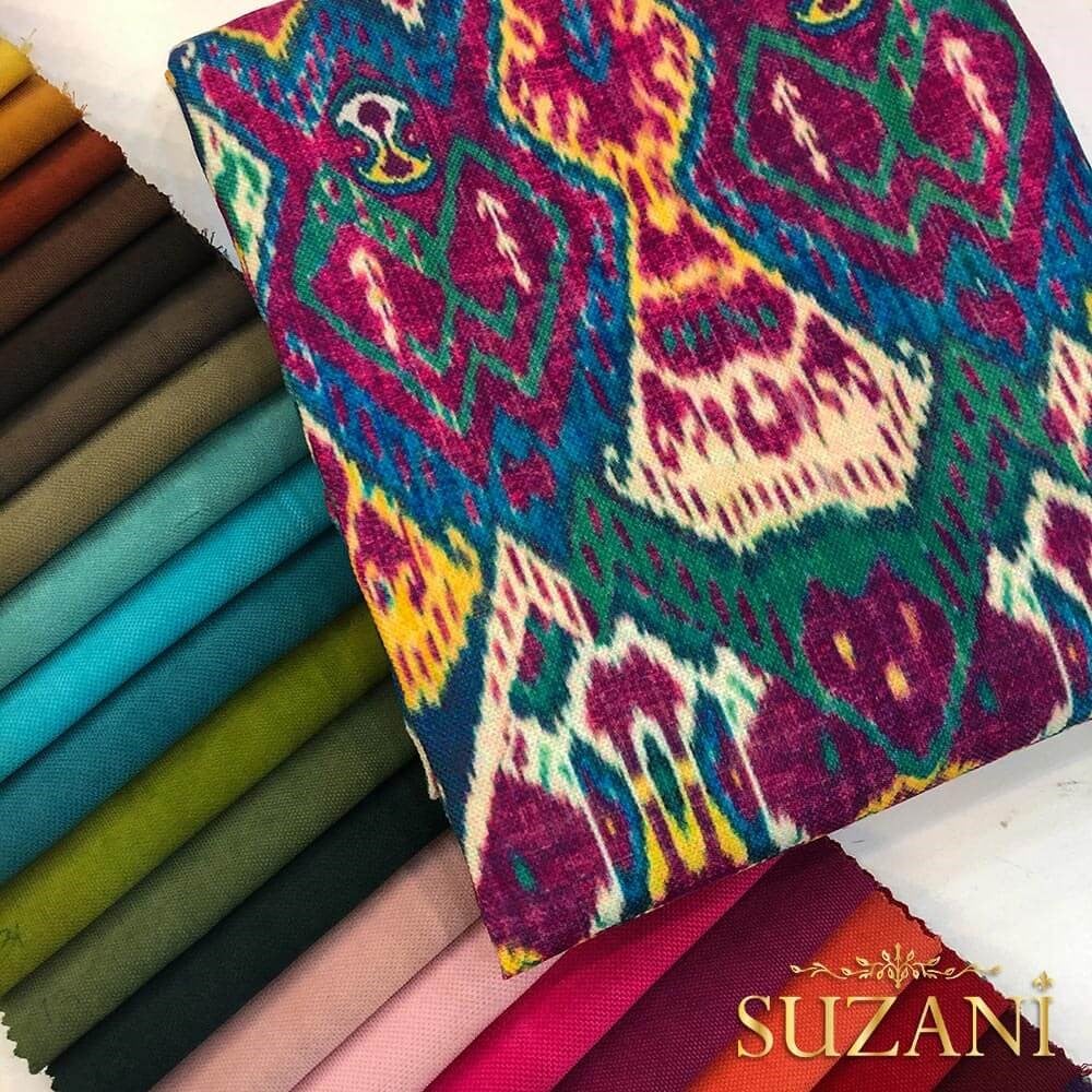 Fuşya Mavi İkat Desenli Dijital Baskılı Kumaş