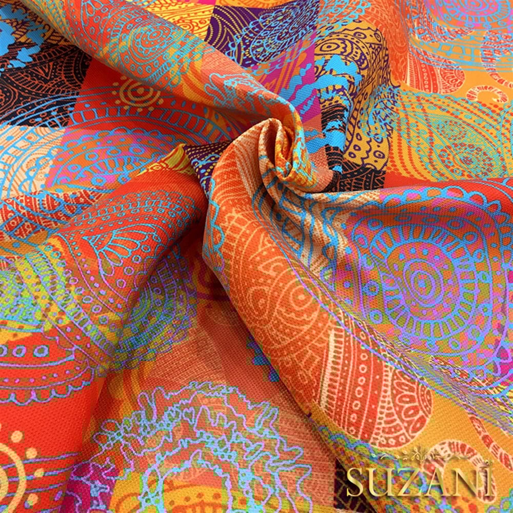 Fuşya Portakal Rengi Patchwork Desenli Kumaş